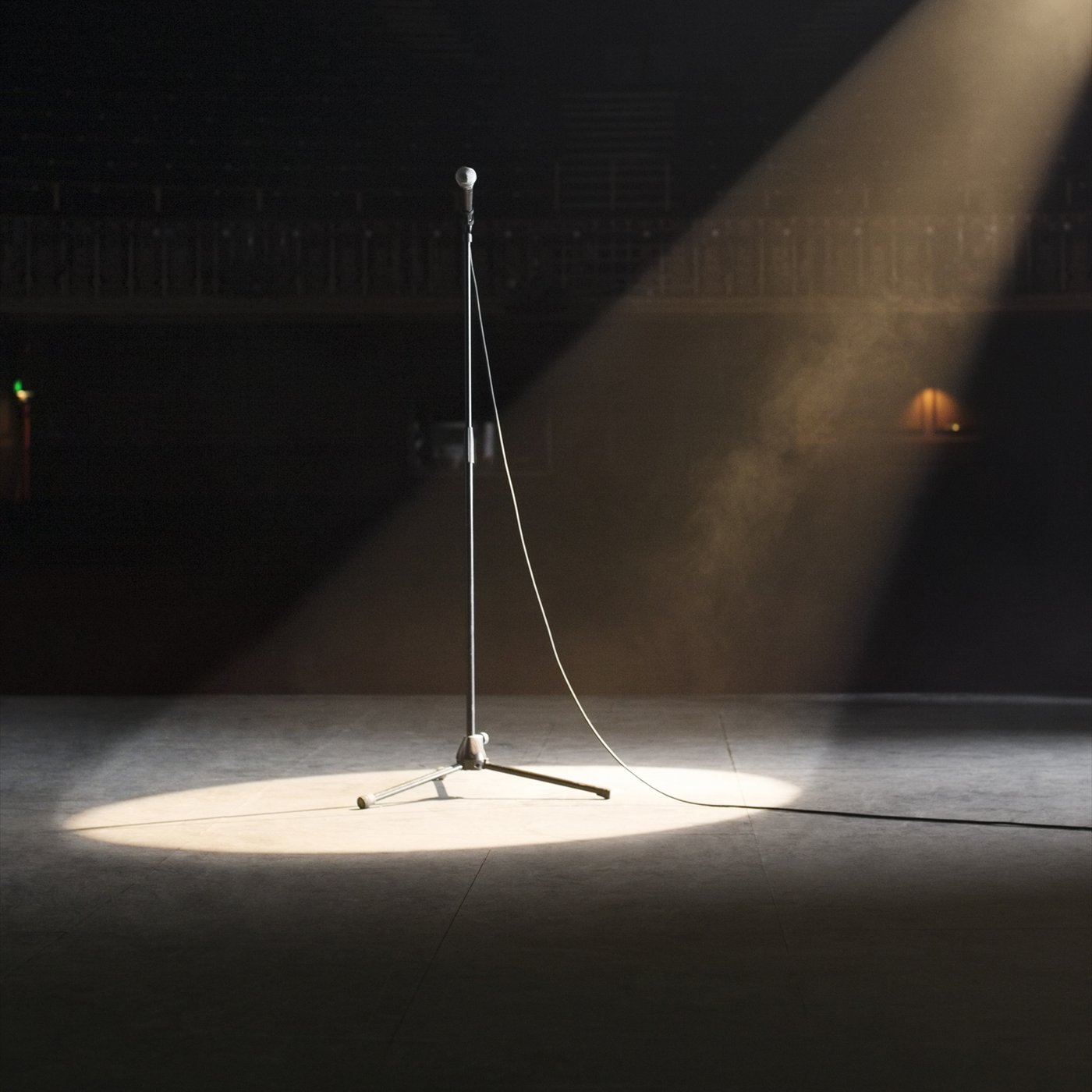 A single microphone stand alone in a shaft of light on an empty stage, the dark theater behind it.