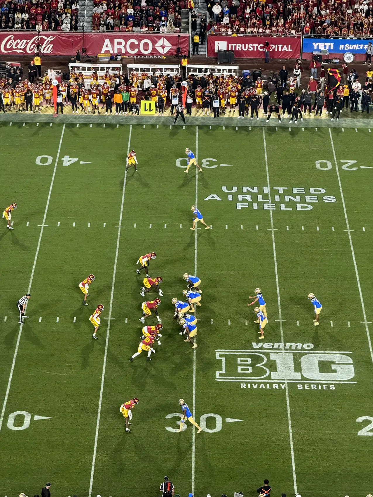 Rivalry night at the Coliseum, where USC and UCLA battled for the Victory Bell, also marked the debut of the “Venmo B1G Rivalry Series” branding on the field of United Airlines Field at the Los Angeles Memorial Coliseum.