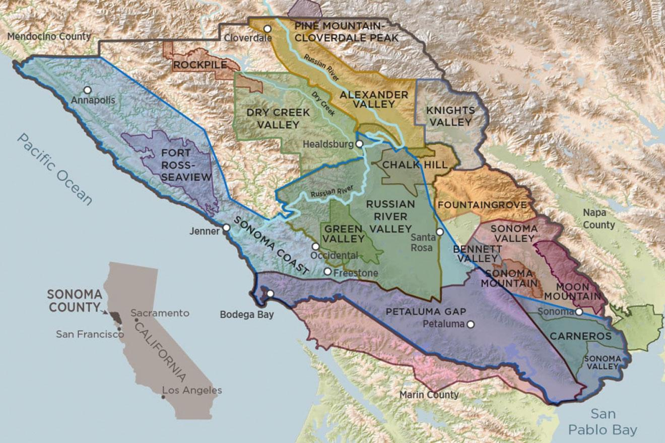 Map of Sonoma County, California grape growing appellations, or AVAs.