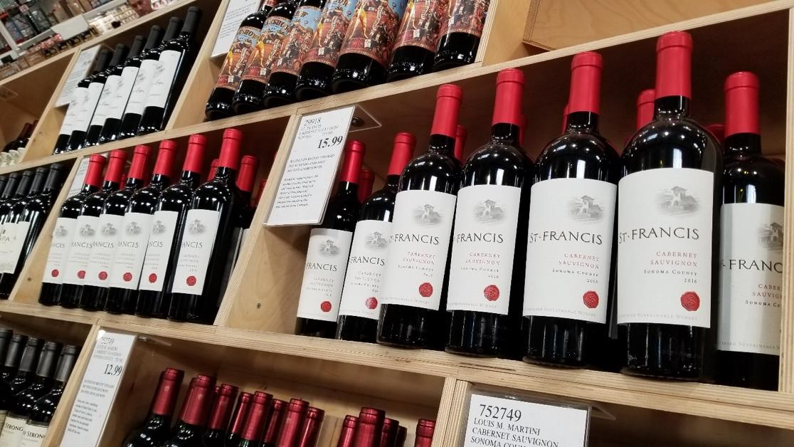 St. Francis wines displayed on shelf at a Costco store.